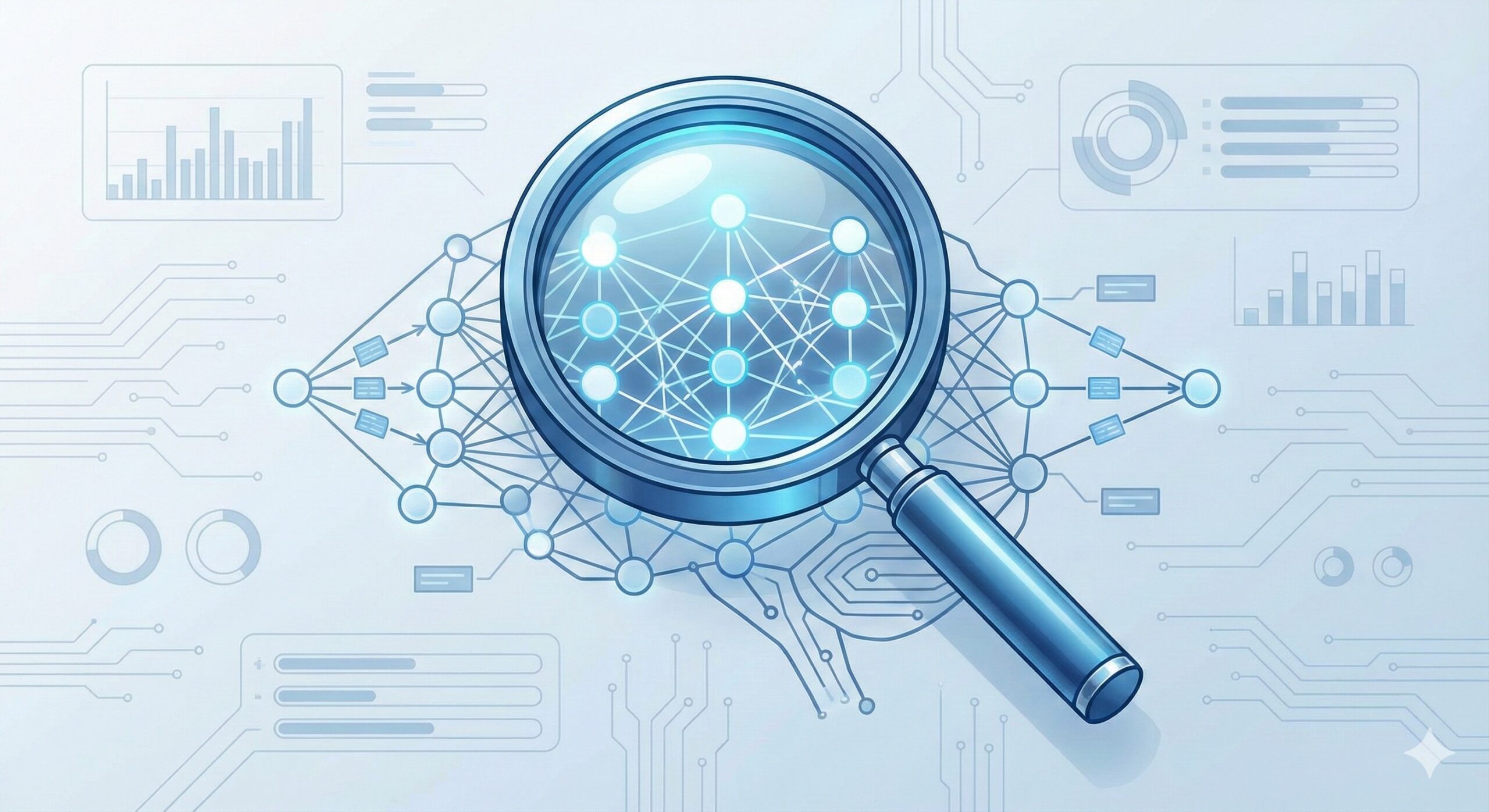 A clean, modern illustration in a blue and white color palette depicts a magnifying glass inspecting a glowing AI neural network diagram. The background features subtle data nodes and connections, along with high-tech evaluation dashboard elements. The design is minimalist with sharp lines, resembling a professional tech article cover.