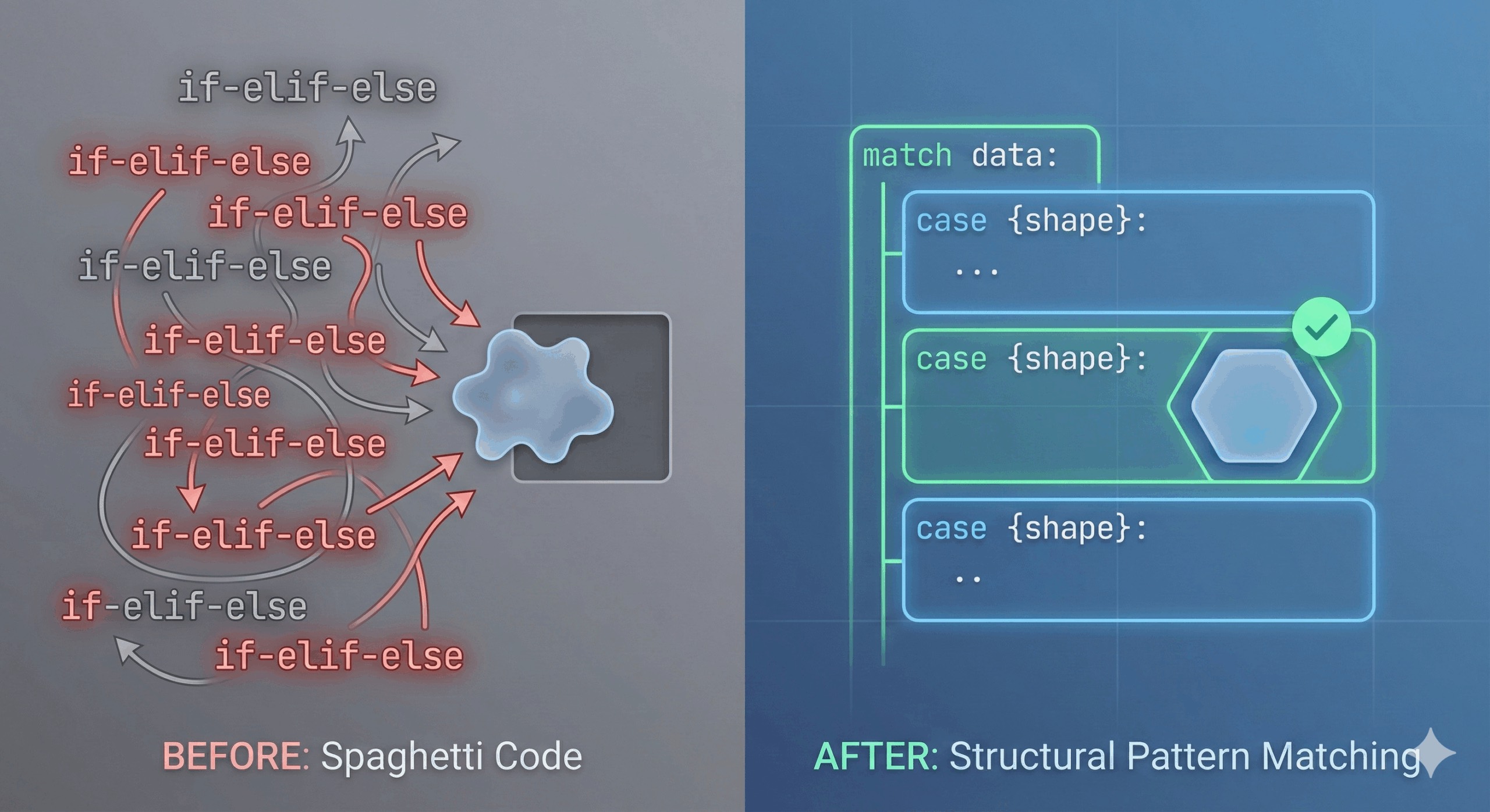 Image showing how structured pattern matching can improve if-else statements.