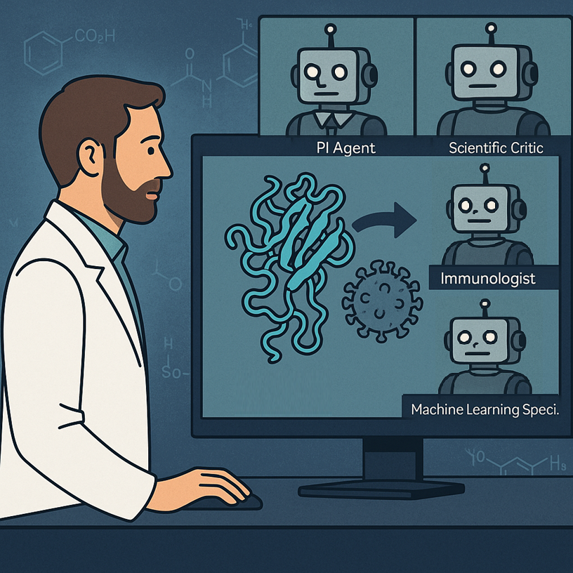 A human user interacting with a whole team of VR agents acting as a research lab