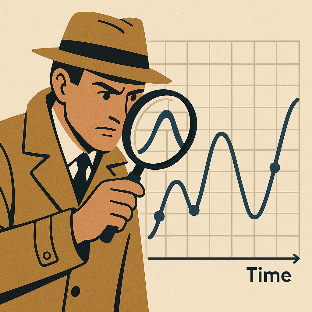 Private investigator in a brown hat looking at a chart of a time series with their lens
